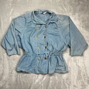 Fixsun Casual Jacket Womens OS Blue Pinstriped Denim Double Breasted Cinch Waist